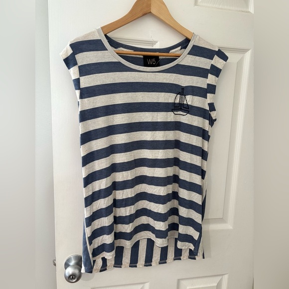 W5 Anthropologie NWT nautical striped stretch shirt sleeve size large - Picture 1 of 9